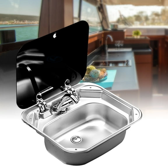 Stainless Steel Boat Caravan RV Kitchen Sink with Tempered Glass Lid&Cold Hot Tap, Home/Camper Van Mobile Kitchenette Trailer Accessories