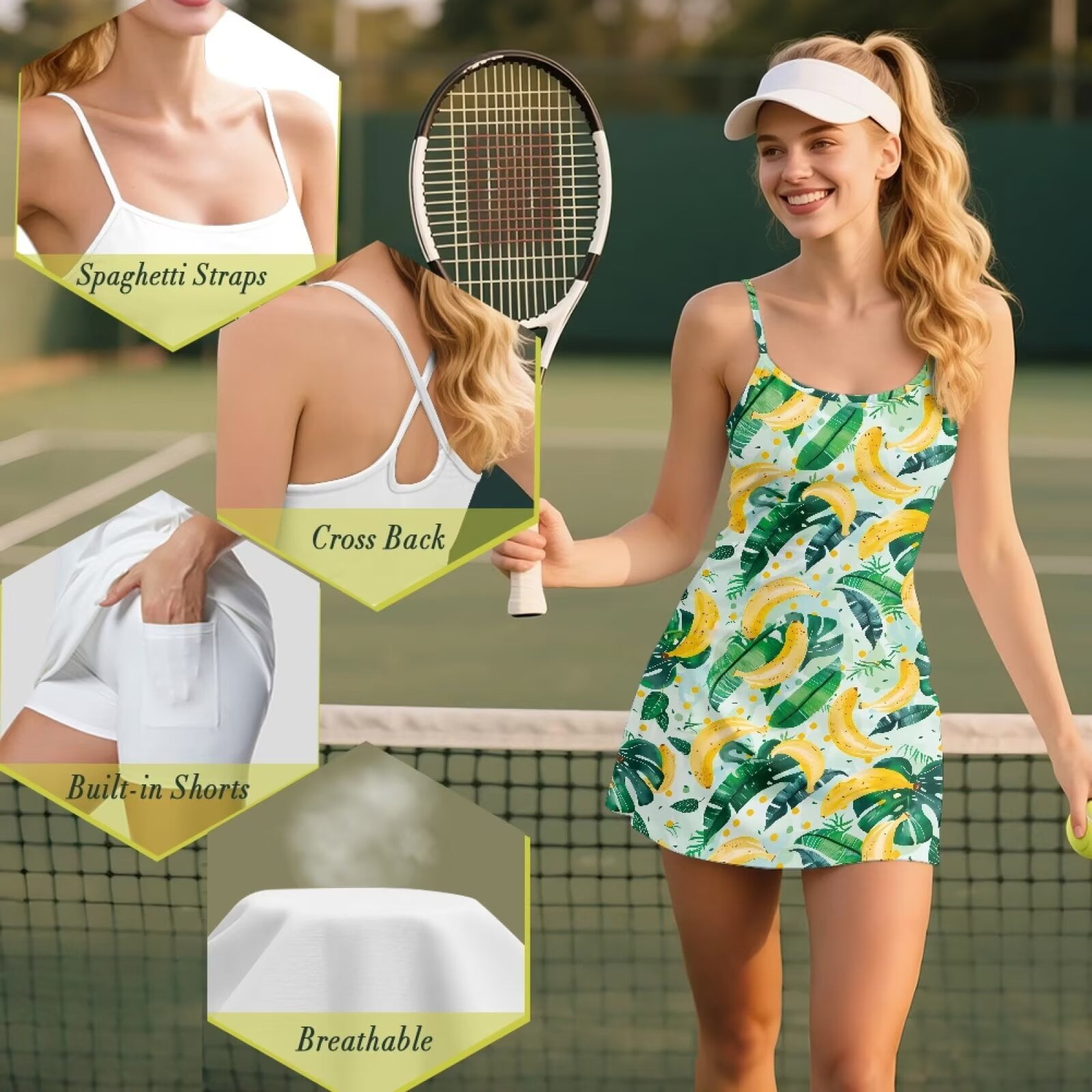 Yuyamidu Banana Women Athletic Dress Summer Tennis Golf Dresses for Women Size 2XL Green Palm Leaves Workout Active Sports Dress and Built in Shorts with Pocket