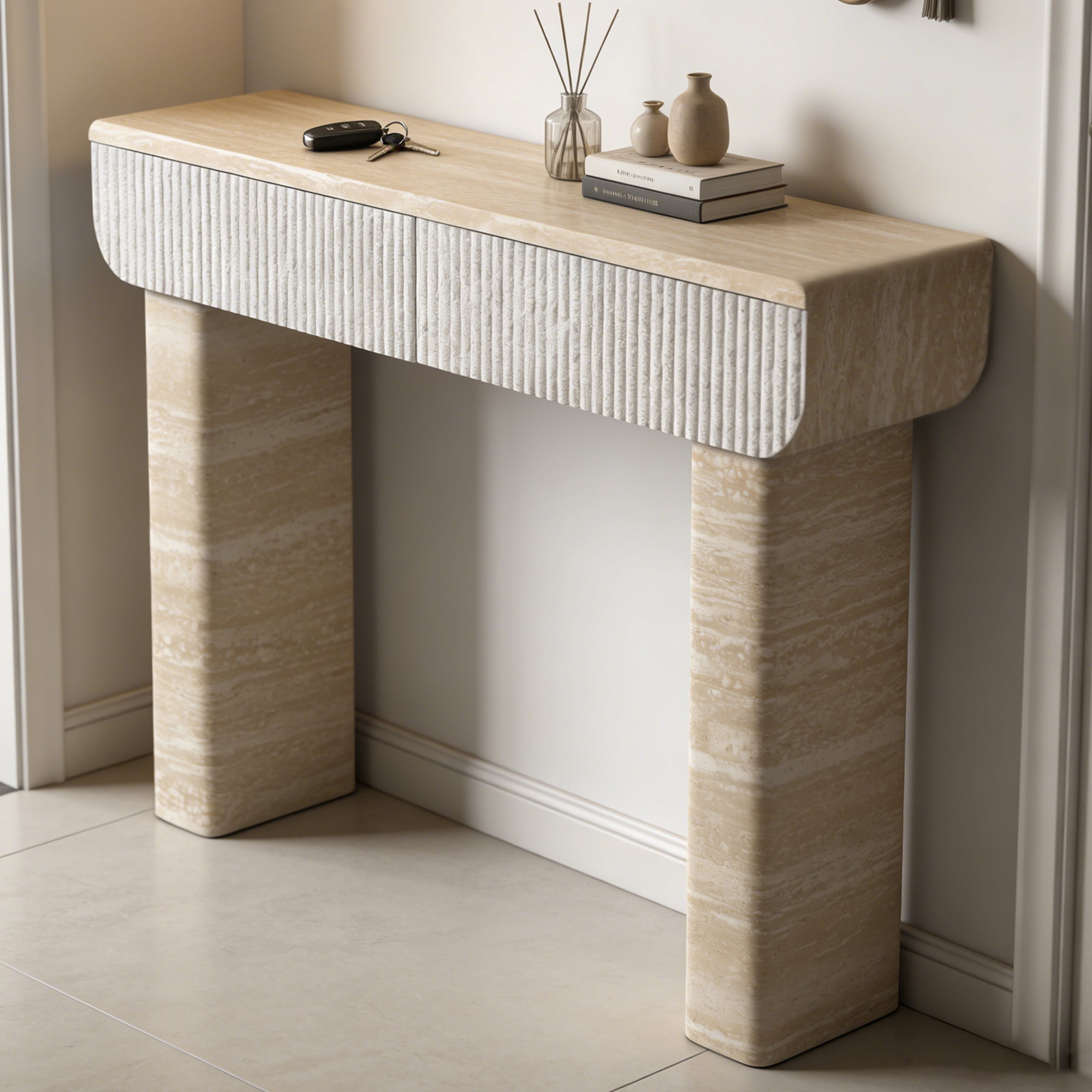 Shaiailed 47" Faux Travertine Console Table with 2 Drawers,Long Entryway Table, Narrow Hallway Table,Foyer table,Contemporary Sofa Table Behind Couch with Storage for Living Room