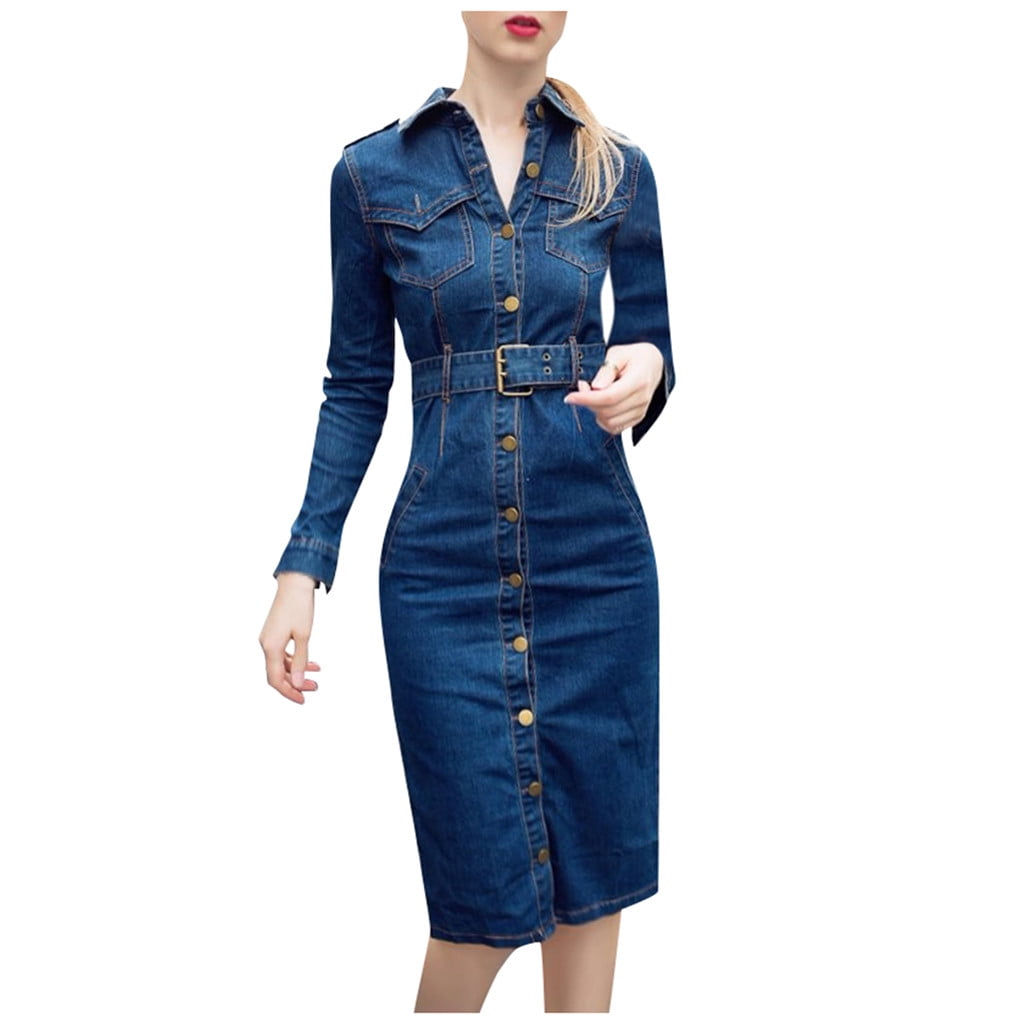 YUNAFFT Clearance Dresses Plus Size Fire Winter Office Slim Jeans Mid-Cuff Dress With Belt for Women Jeans Dress -
