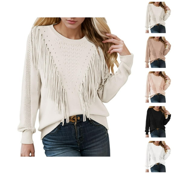 Sweaters for Women 2025 Casual Crewneck Fringe Tassel Knitted Sweater Jumper Tops Womens Pullover Sweaters