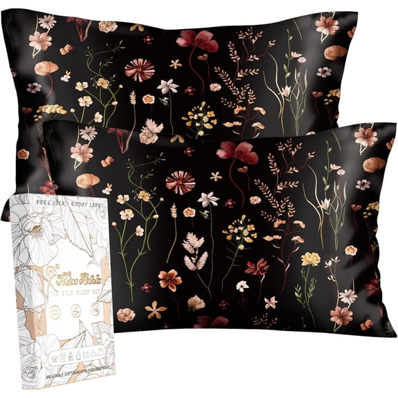2 Pack Mulberry Silk Pillowcase for Hair and Skin - Standard Size 20 x 26 Inches with Hidden Zipper BK Grow Flower 19 Momme Soft Sleeping Silk Pillow Case for Women, Moms