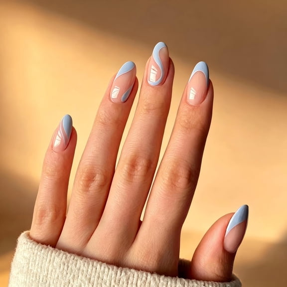 24PCS Light Blue Swirl Press On Nails, Almond Shape French Tip Fake Nails, Glossy Nude Acrylic Nail Tips for DIY Manicure, Minimalist Nail Art Accessories for Women Girls Daily Wear & Salon Use