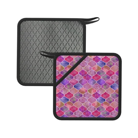 

2pcs Silicone Anti-Hot Hot Pads Oven Mitts Heat Resistant Pot Holders With Pockets Non Slip Oven Glove Potholder For Kitchen Cooking Bbq Baking 7.1in Vintage Pinkpurple Moroccan Watercolor