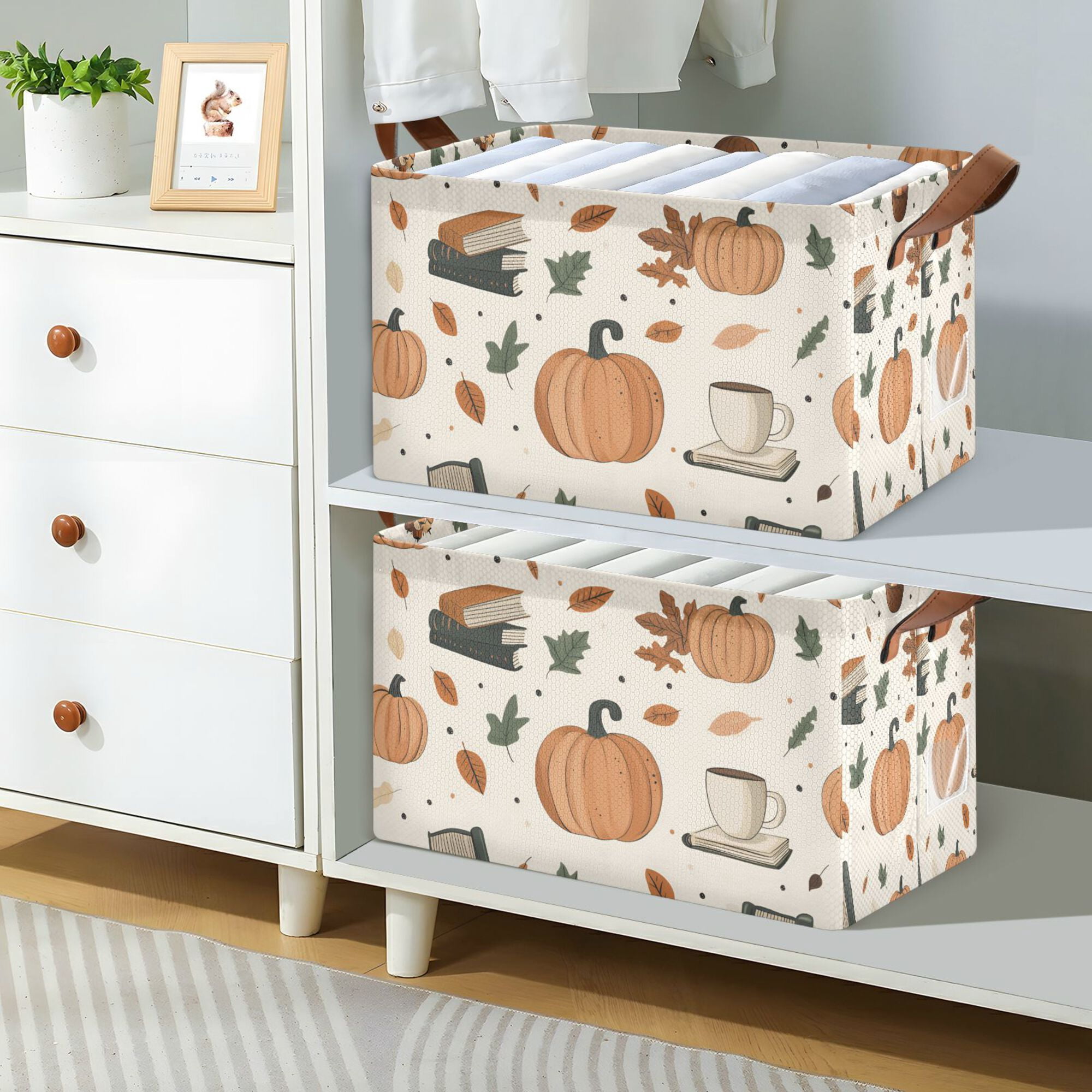 Yayeee Foldable Storage Basket for Shelves with Handles Waterproof Cloth Bins, Beige Fall Leaves