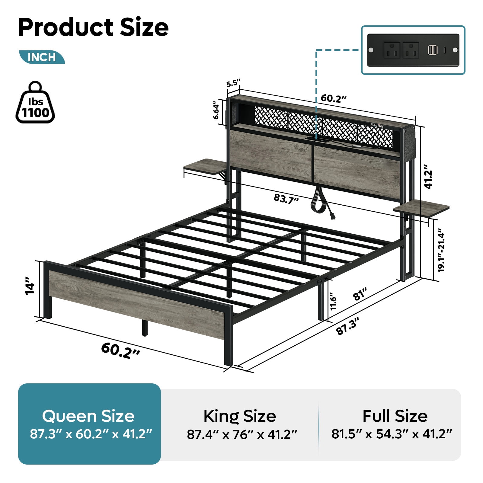 Bestier Queen Size Platform Bed Frame with Wood Foldable Bedside Shelves and LED Storage Headboard Charge Station, Gray