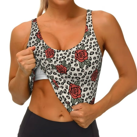 Qokaie Leopard Print Rose Pattern Womens Scoop Neck Sports Bra Breathable Workout Vest Padded U Back Medium Impact Fitness Gym Yoga Bra Workout Crop Top