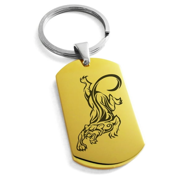 Stainless Steel Striking Tiger Engraved Dog Tag Keychain Keyring