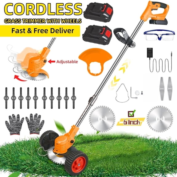 KingFurt Cordless String Trimmer,Grass Trimmer with Wheels, Weed Eater Grass Trimmer/Edger/Brush Cutter for Lawn Yard Garden