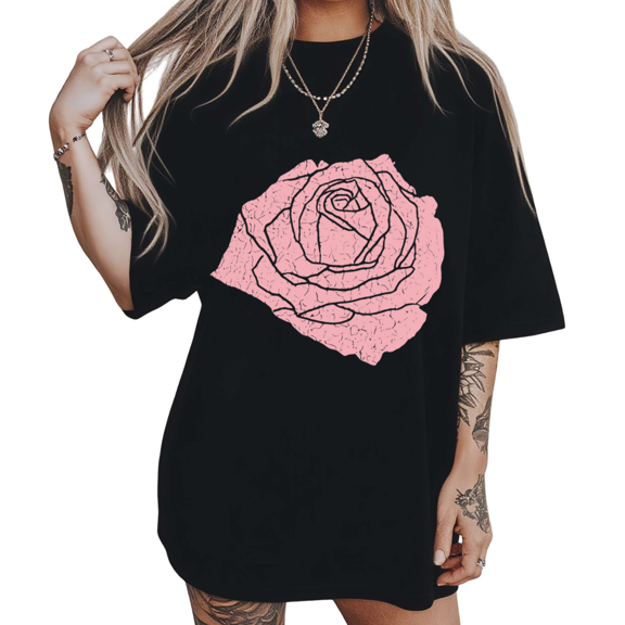 Aesthetic Pink Rose Womens S-5XL Minimalist Floral Graphic Short Sleeve T-Shirt Black Tops