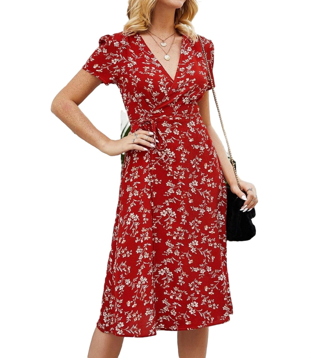 Boho Floral V Neck A Line Red (Women's Dresses)