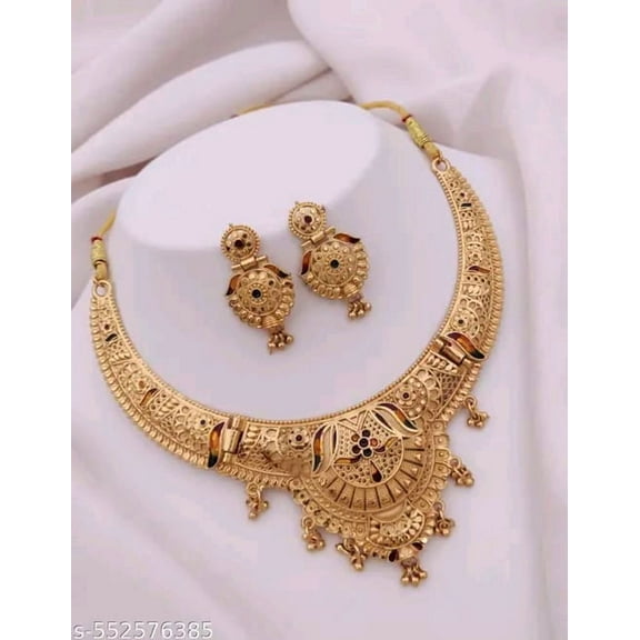 Traditional Antique Gold Plated Necklace Set with Earrings Jewelry For Women Wedding Wear Gift