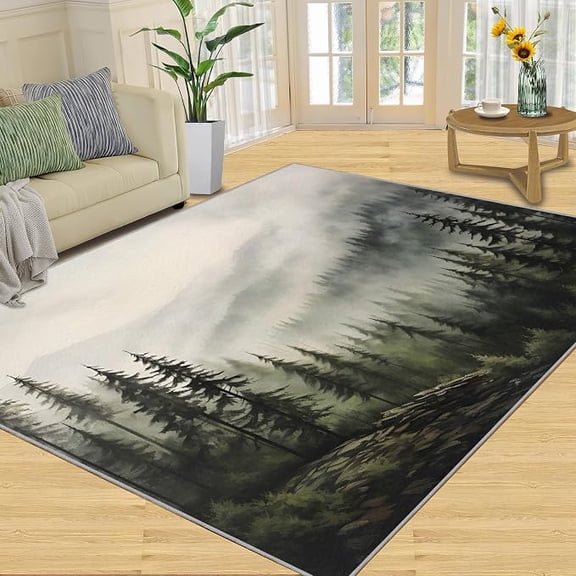 Washable Forest Rug, Non Slip Misty Mountain Area Rugs for Living Room, Pine Woodland Design Carpet Home Decor, Soft Natural Scenery Floor Mats, Resistant 5 x 6ft