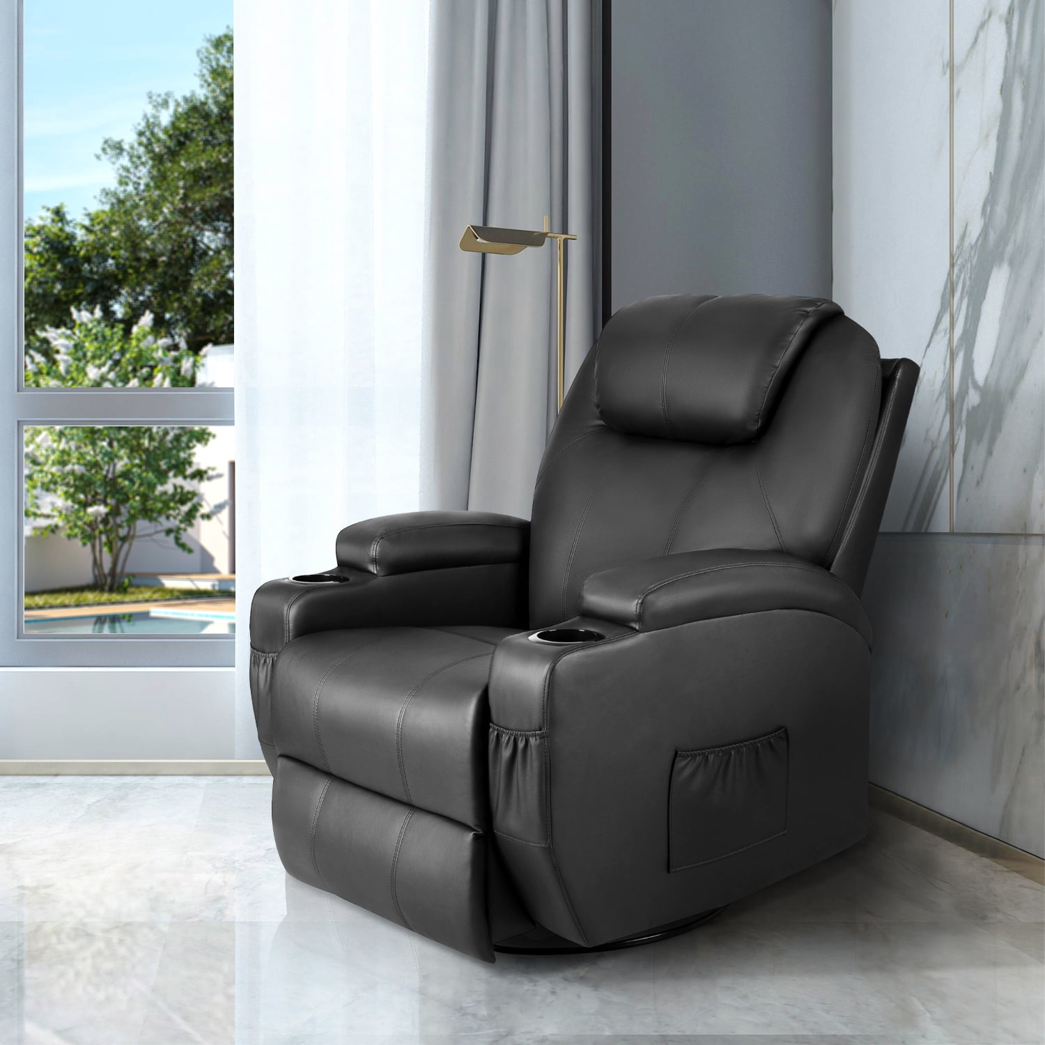 Vineego 360° Swivel PU Leather Chair with Massage Function Adjustable Home Theater Single Recliner,Black