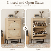 Brafabhome Narrow Shoe Storage Cabinet with 2 Flip Drawers, Rattan Floor Shoe Holder with Shelves & Sturdy Metal Legs for Entryway | 12 Pairs