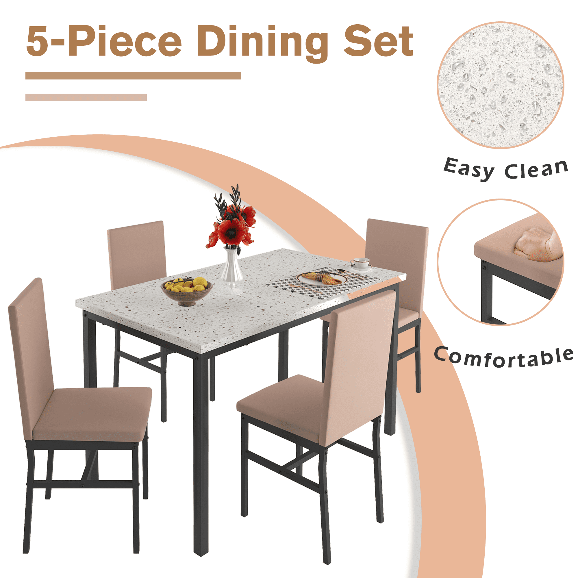5 Piece Dining Set, Modern Dining Table and Chairs Set for 4, Kitchen Counter Height Dining Table Set with 4 Upholstered Chairs, for Small Space, Breakfast Nook, D9265