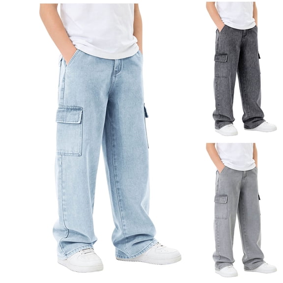 WUANDIXFA Boy's Cargo Jeans Straight Leg Zipper Fly Casual Denim Pants Trousers with Pockets Teen Y2K Hop Streetwear Denim Jeans (Dark Gray, 15-16 Years)
