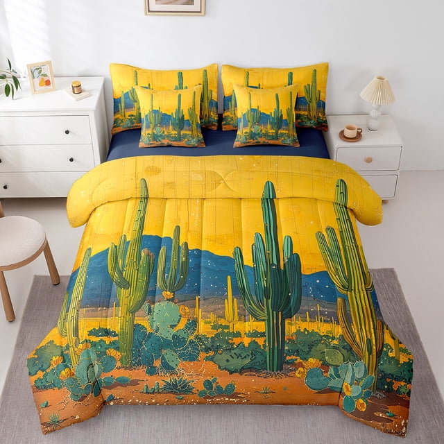 YST Ensemble Douillette Western 7 Pcs Lit Grand Tout-en-un, Ensembles de Literie Rétro Plantes Tropicales Cactus Naturel Hawaii Succulente Botanique Jaune Vert Ensemble de Draps avec Douillette, Réversible