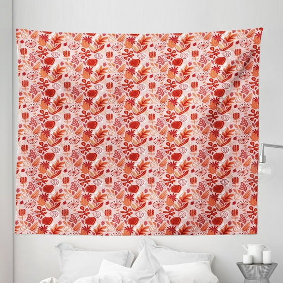 Spring Tapestry, Warm Colored Flower Bouquets Tulips Leaves Botanical in Garden Motif, Fabric Wall Hanging Decor for Bedroom Living Room Dorm, 5 Sizes, Scarlet Pale Pink Salmon, by Ambesonne