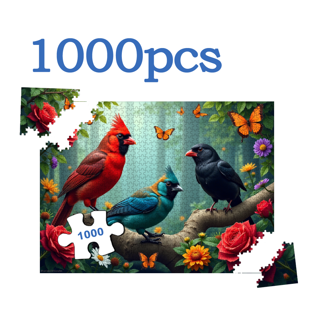 1000-piece horizontal paper jigsaw puzzle - lively birds and butterflies, with dimensions of 29.4*19.6 inches.