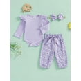thumbnail image 4 of Baby Toddler Girl Fall Outfit, 0 3 6 12 18 24 Months Ruffle Long Sleeve Ribbed Romper Elastic Waist Pants with Fixed Belt Bow Headband, 4 of 9