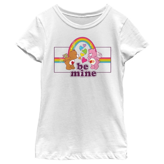 Girl's Care Bears Valentine's Day Tenderheart Bear and Love-a-Lot Bear Be Mine Rainbow  Graphic Tee White X Small