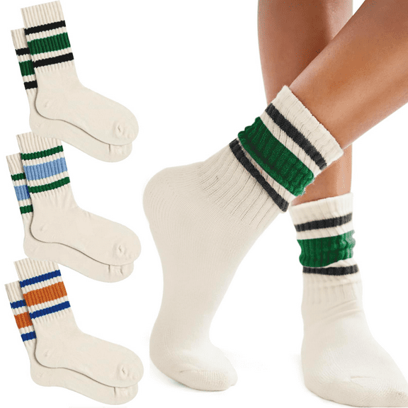 3 Pairs Fun Novelty Retro Striped Crew Socks For Women Sporty Calf Casual Cotton Tube Socks Women