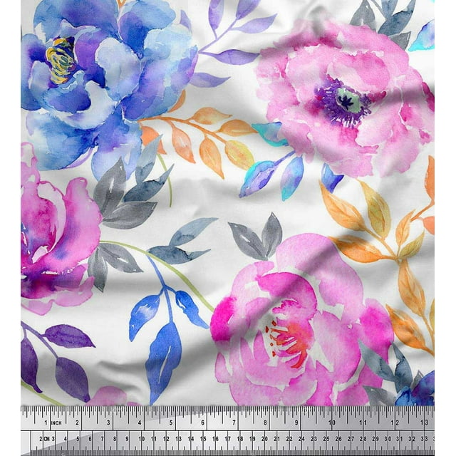 Soimoi White polyester Crepe Fabric Leaves & Floral Print Sewing Fabric BTY 52 Inch Wide