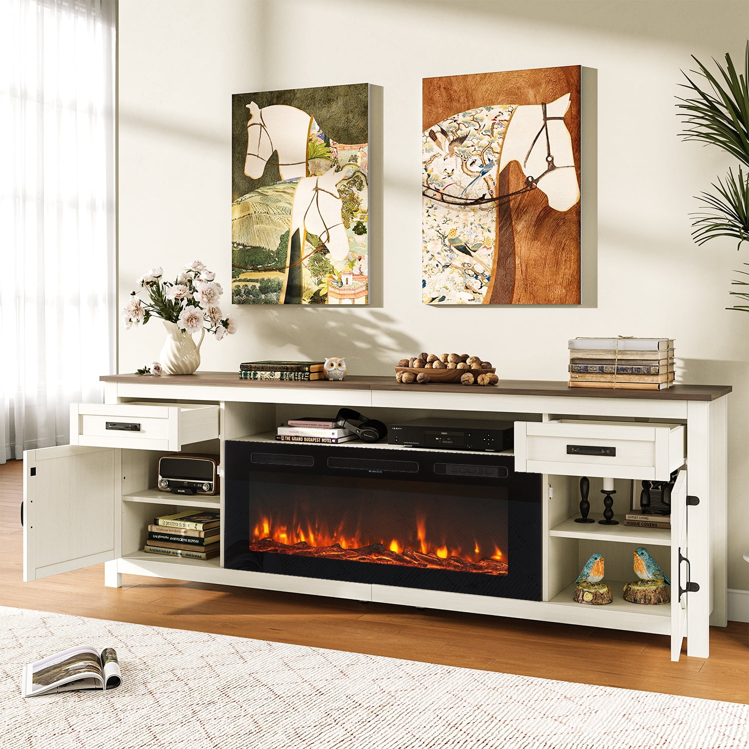 BaPiPro Farmhouse Fireplace TV Stand for TVs up to 90",  Large Entertainment Center with 36" Electric Fireplace, Storage Drawers, White
