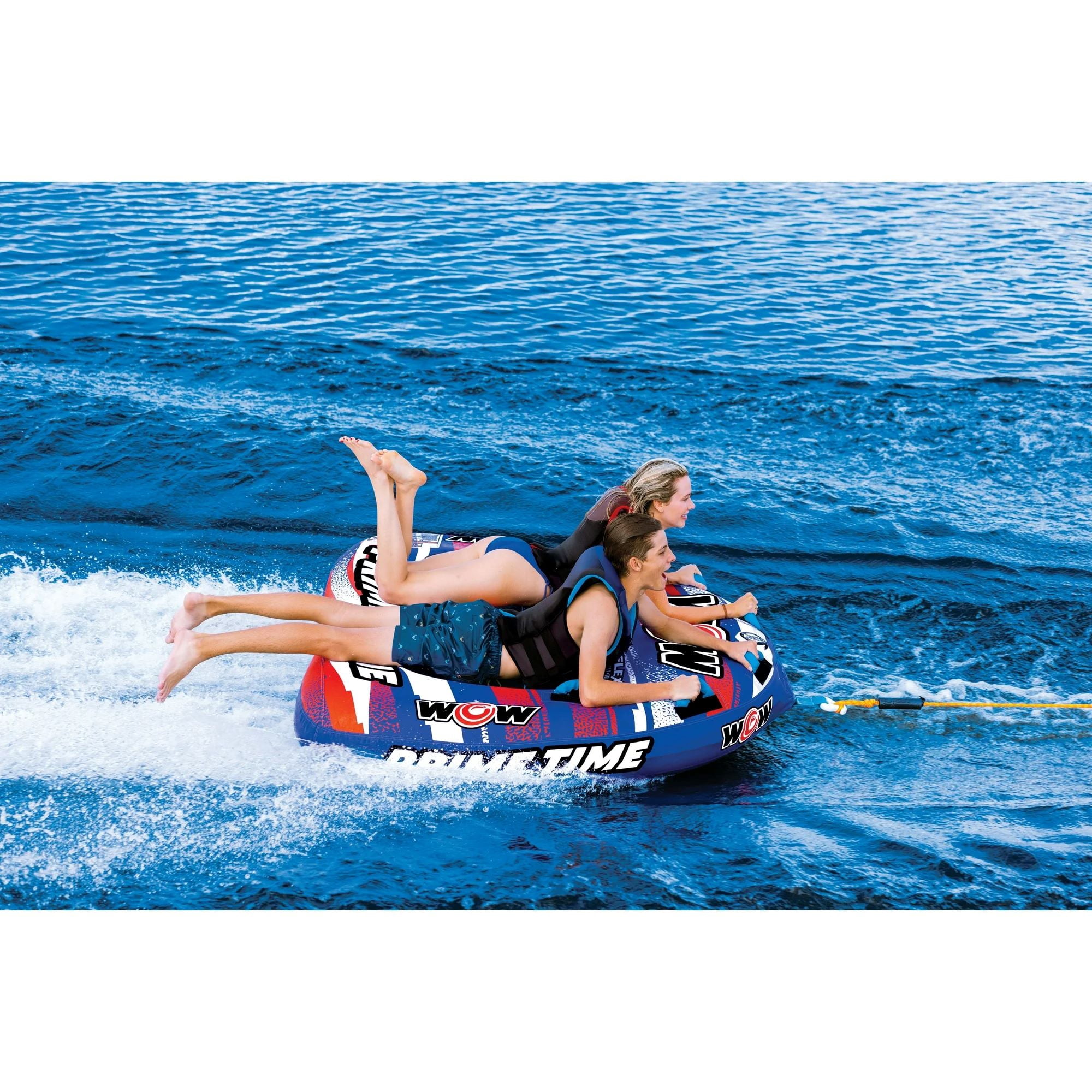WOW Watersports Prime Time 2 Person Inflatable Towable Tube for Boating, Children to Adults 12+ and WOW Sports 2K Tow Rope for Boating, Towables and Watersports, 60 ft