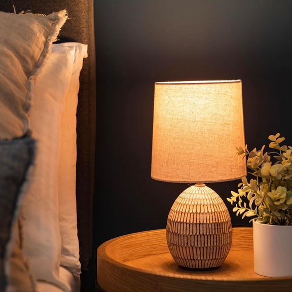 Xtreme Ceramic Table with Beige Shade, 12.75" Brown Modern Bedside for Bedroom Living Room