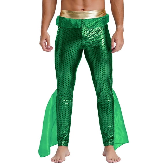 Haitryli Mens Mermaid Pants Fishscale Print Tights Leggings King of The Seas Costume Cosplay Fancy Green 3XL