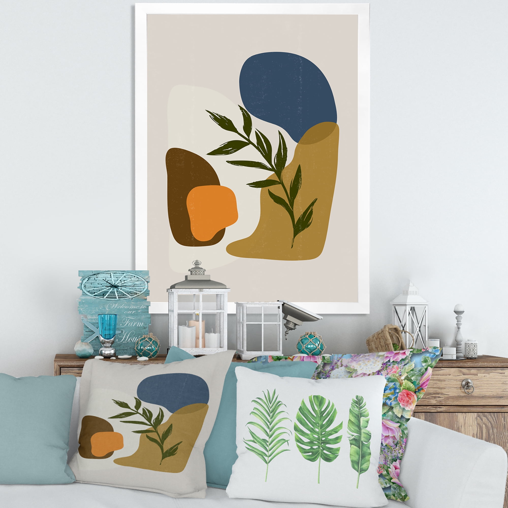 Designart 'Green Leaf With Botanical Minimalist Shapes' Modern Framed Art Print