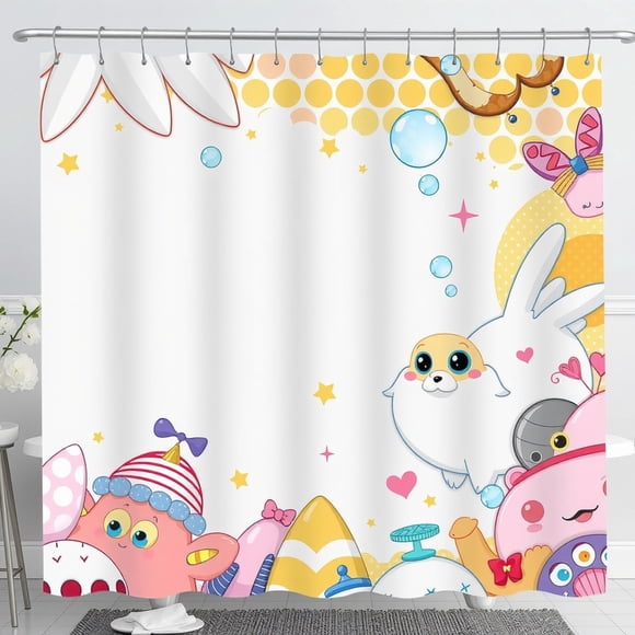 Whimsical Cartoon Shower Curtain with Adorable Creatures & Bubbles