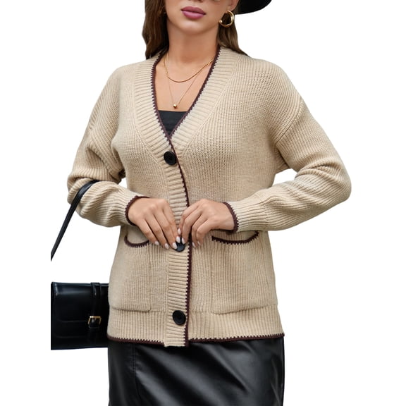 Women'S Color Block Long Sleeves Sweater Fall Button Down Casual Coatigan Soft Knit Coat with Pocket Khaki L