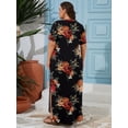 thumbnail image 7 of SHOWMALL Women's Plus Size Short Sleeve Maxi Dress, Elegant Floral Black 5X Side Slit Rounded Hem Long T-Shirt Dress with Pockets for Vacation & Casual Wear, 7 of 7