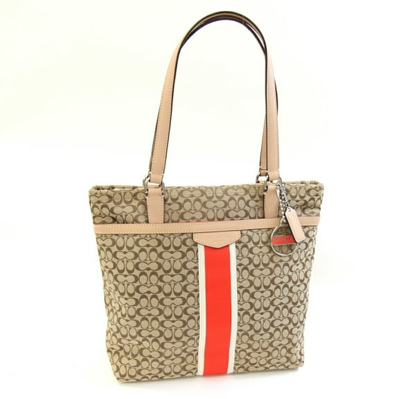 Pre-Owned Coach Mini Signature Stripe File Tote Bag F27008 Khaki Beige Canvas Leather...