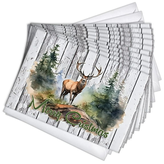 Buck Hunter Scene Traditional Christmas Holiday Greeting Cards | 10 Pack Bulk Set (4x6)