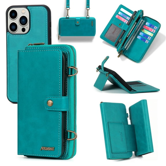 ELEHOLD for iPhone 14 Pro Flip Leather Wallet Case with Large Capacity 13 Card Slots Zipper Pocket Kickstand Magnetic Detachable Case Crossbody Shoulder Strap Shockproof Protective 6.1 inch,Blue