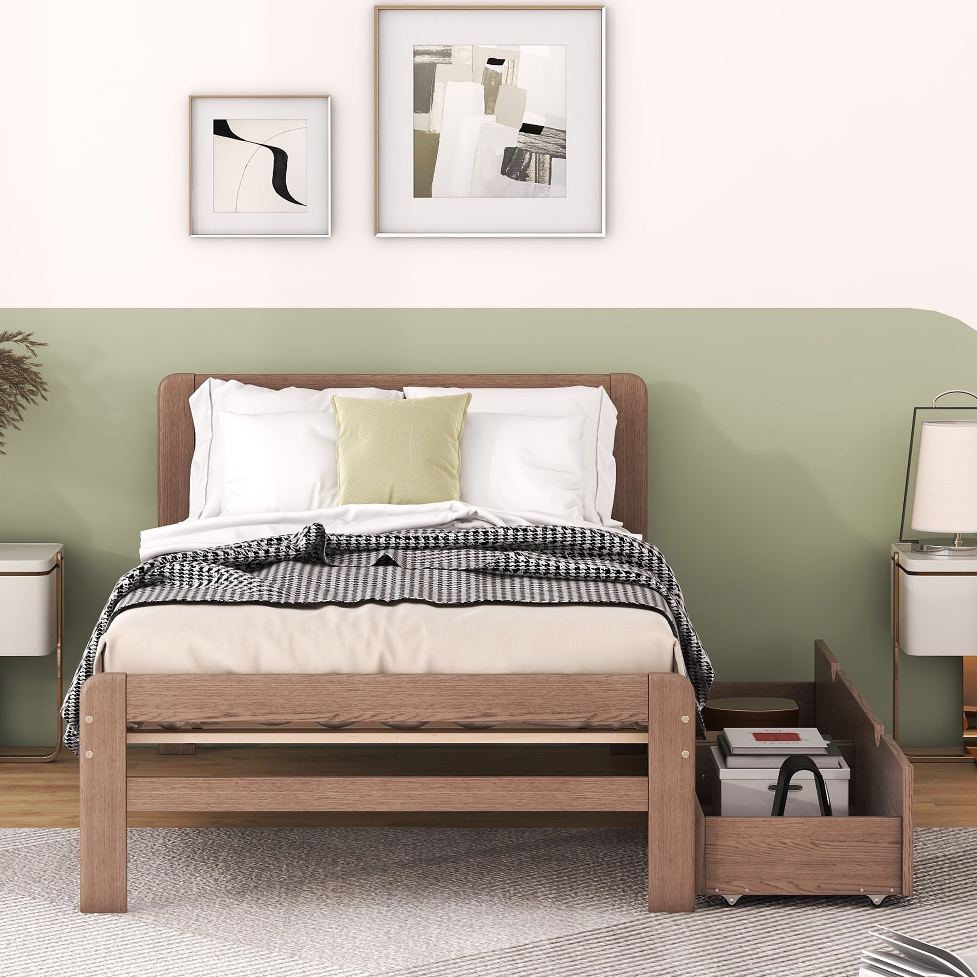 Aukfa Platform Bed with 2 Storage Drawers, Twin Bed Frame with Headboard for Kids, Wood - Walnut