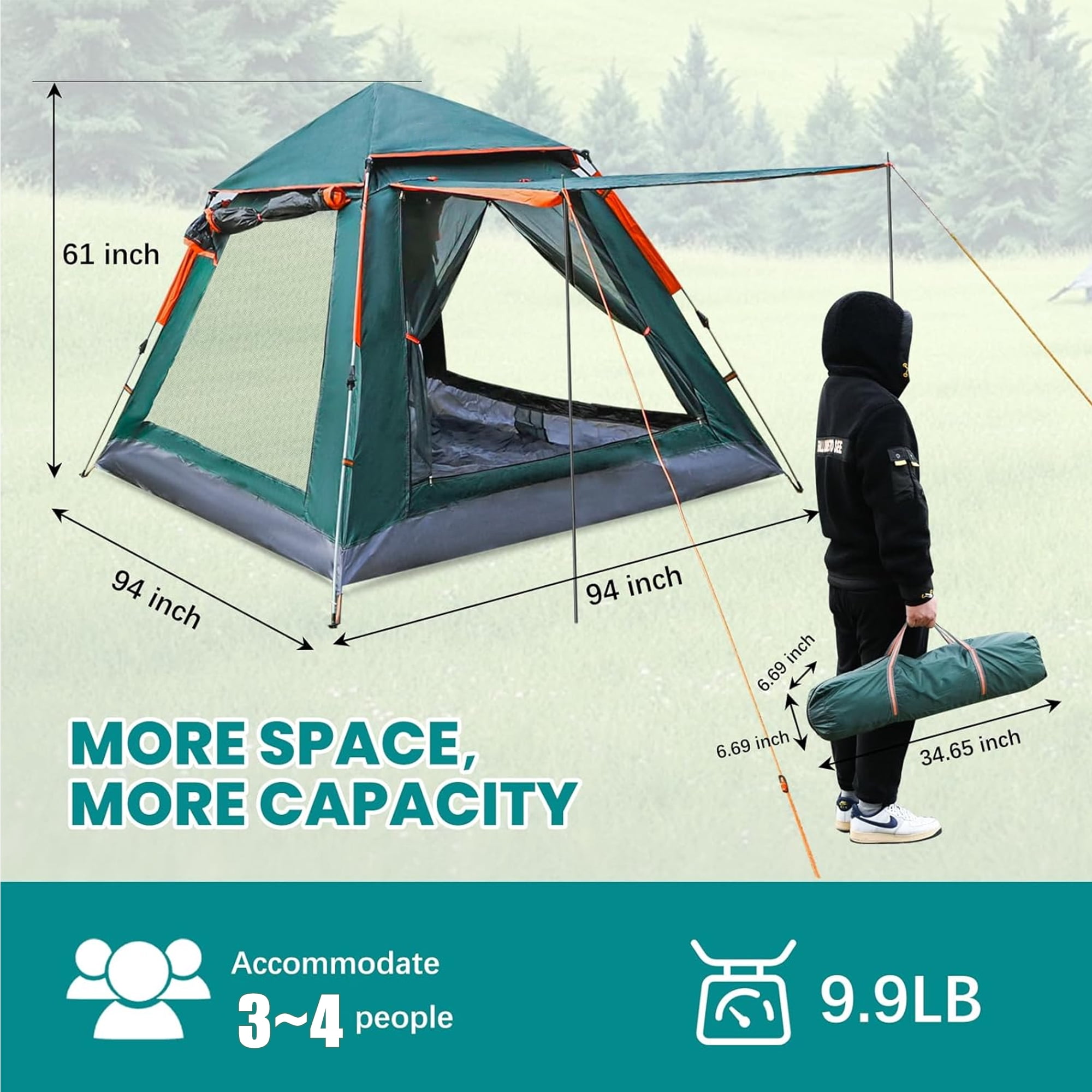 Camping Tent Popup Tent Water Resistant Windproof Dome Hiking Tent 4 People Family Easy Setup
