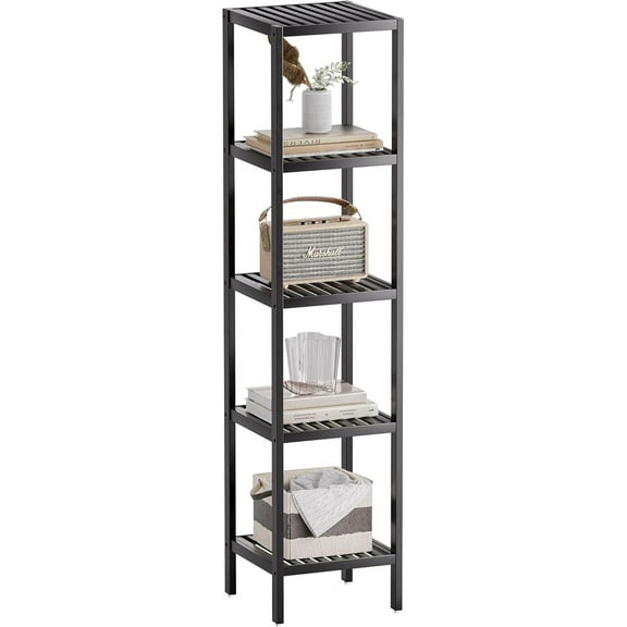 Bathroom Storage Shelf, 5-Tier Bamboo Rack Organizer, Multifunctional Shelving Unit for Living Room Bedroom Kitchen (Black)