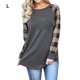 thumbnail image 1 of Camiseta de mujer Cuello redondo Manga larga Empalme Plaid Top Casual, Caqui Plaid, L kenally AP000777-10, 1 of 7