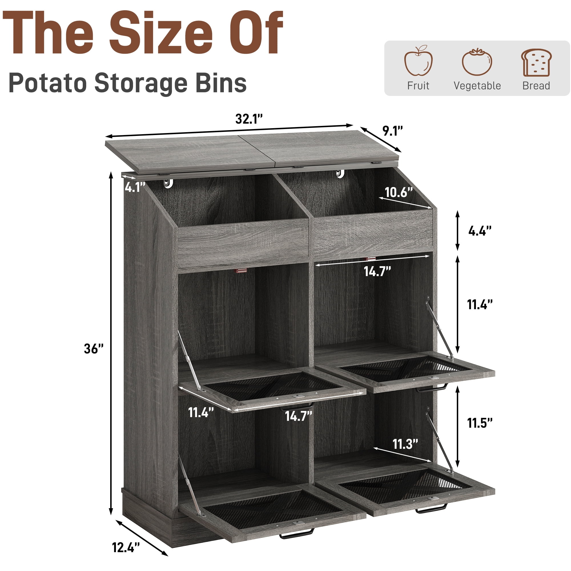 ChVans Large Potato Storage Wood Bin, Wooden Bread Storage Bins, Decorative Potato and Onion Storage Bin with 4 Doors, Potato Bin with Grocery Section, Wooden Vegetable Storage Box with Lid