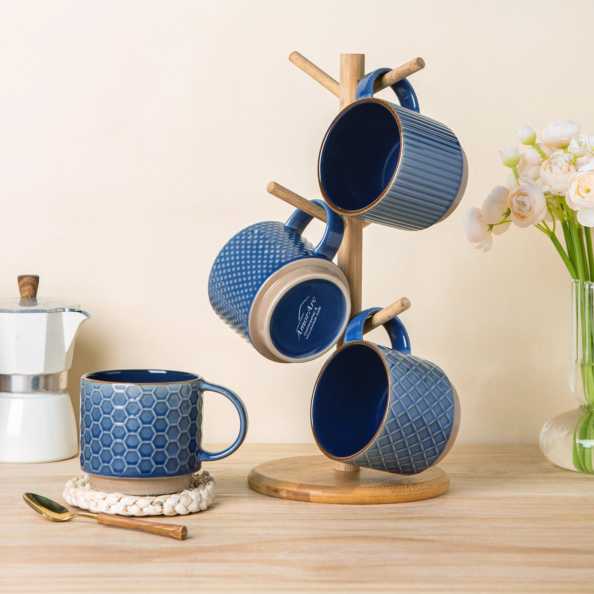 AmorArc 15OZ Stackable Coffee Mugs, Ceramic Coffee Cups with Texture Patterns for Man,Woman,Dad,Mom, Modern Coffee Mugs Set of 4 for Latte/Cappuccino/Cocoa. Dishwasher&Microwave Safe, Blue