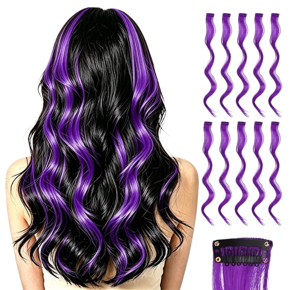 Uxcell 10 Pcs Colored Clip in Hair Extensions, 22 Inch Curly Hair Wavy Extensions for Women Girls Highlights Synthetic Wig for Party Cosplay Daily Hair Styling, Grape Purple