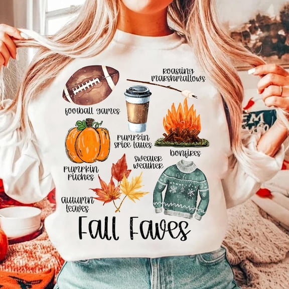 Fall Faves Sweatshirt, Retro Autumn Shirt with Pumpkin Spice, Sweater Weather and Cozy Doodles, Cute Fall Things SWEAT Sweatshirt for Seasonal Vibes