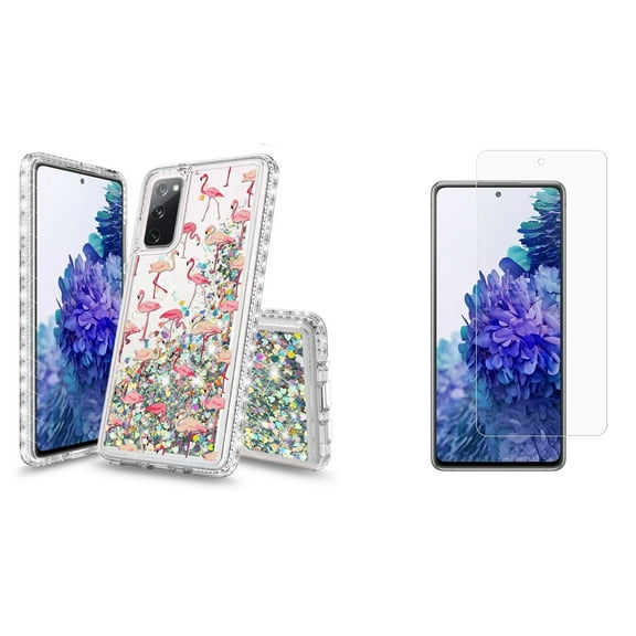 Bemz Liquid Quicksand Case for Samsung Galaxy S20 FE (with 2 Pack of Tempered Glass Screen Protectors and Touch Tool) - Flamingos (Clear)