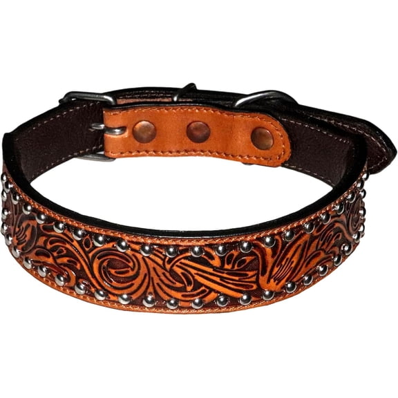 Argentina Cowhide Dog Collar Western Leather Pet Floral Tooled Heavy Duty Hand Crafted Adjustable Padded Soft Puppy Puppies Big Inlaid Beaded Buckstitch Size: X_Large - L - 27" / W - 1.5" M10