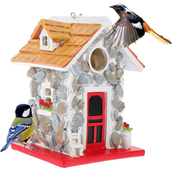 Hanging Bird Houses for Outside: Heavy Duty Stone Cottage Blue Bird Houses for Outdoors, Natural Decorative Birdhouse for Bluebirds, Sparrows, Chickadees, Hummingbird and Purple Martins